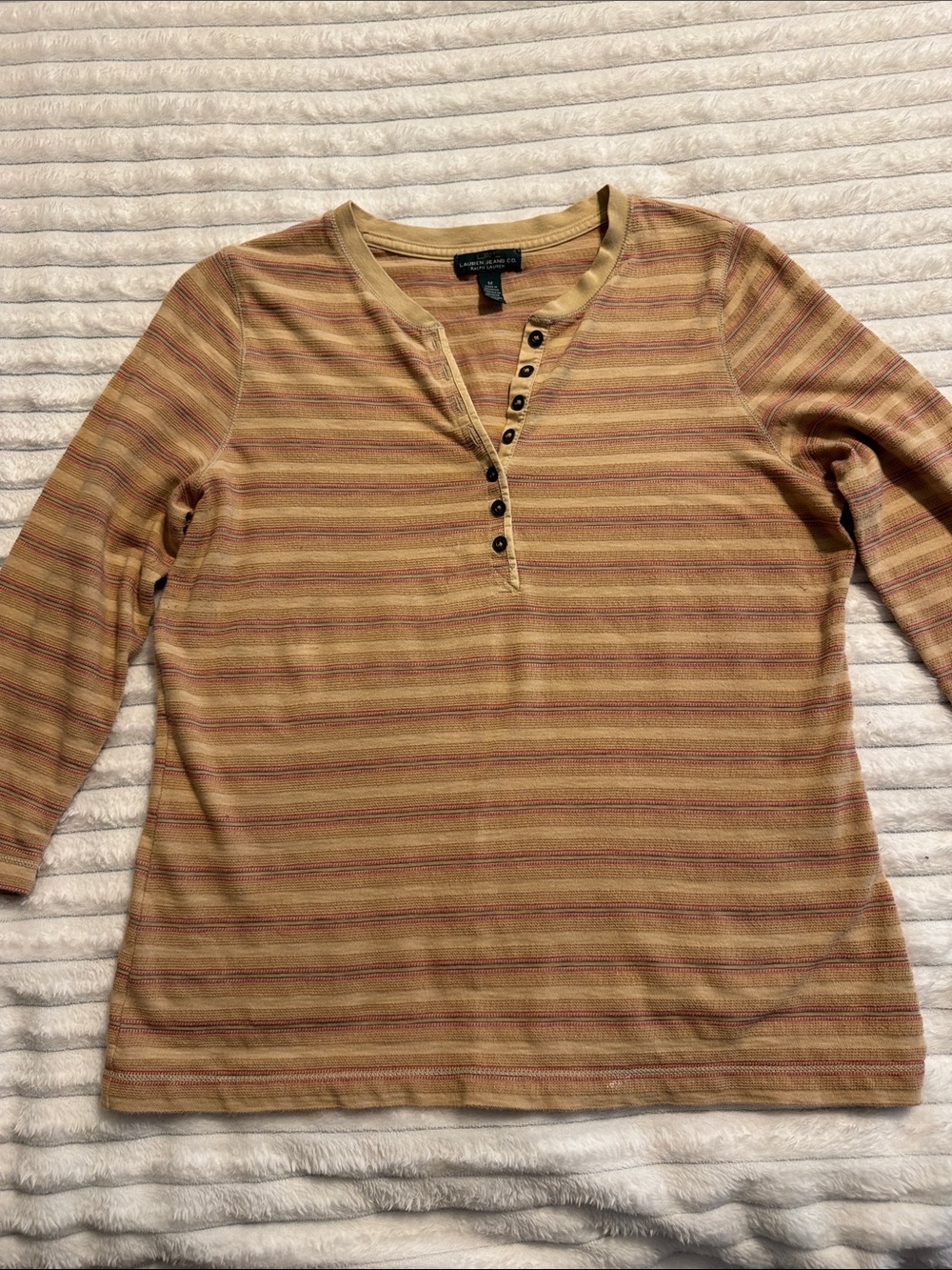 Vintage LRL Lauren Ralph Lauren Mustard Pink Striped Henley Long Sleeve Top